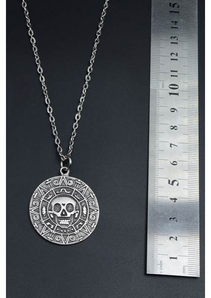 Aztec Karayip Korsanları Madalyon Gümüş Kaplama Unisex Düz Zincir Kolye kod 772