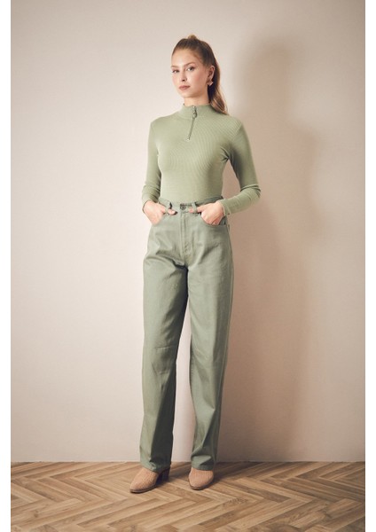 Fermuarlı Beli Tokalı Palazzo Jean