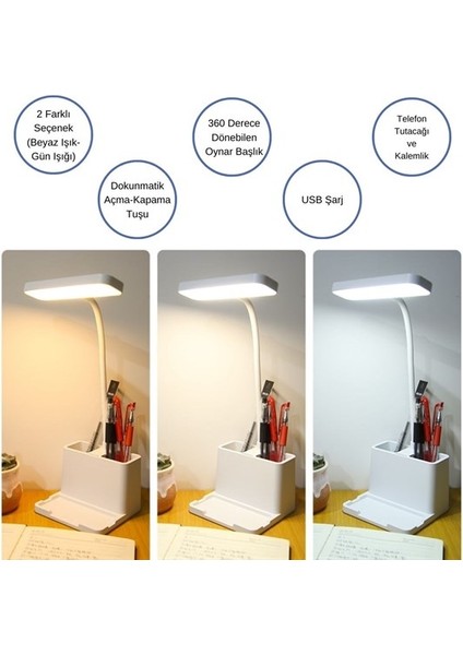 Kalemlikli Usbli Dokunmatik 3 Kademeli 360 Derece Özel Göz Korumalı LED Lityum Masa Lambası