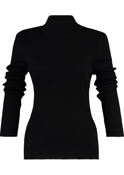 Kadın Büyük Beden Moda Şık Regular Yarım Balıkçı Yaka Uzun Kol Düz Ince Triko Kazak