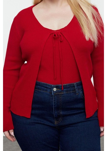 Kadın Büyük Beden Moda Şık Crop V Yaka Uzun Kol Düz Bağlama Detaylı Ince Triko Hırka&atlet Takım