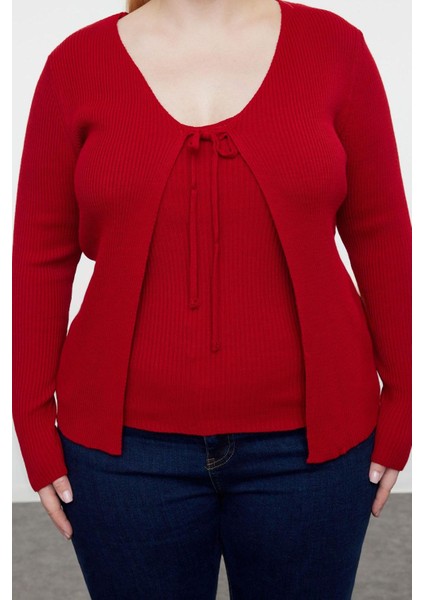 Kadın Büyük Beden Moda Şık Crop V Yaka Uzun Kol Düz Bağlama Detaylı Ince Triko Hırka&atlet Takım