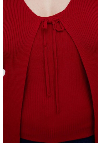 Kadın Büyük Beden Moda Şık Crop V Yaka Uzun Kol Düz Bağlama Detaylı Ince Triko Hırka&atlet Takım