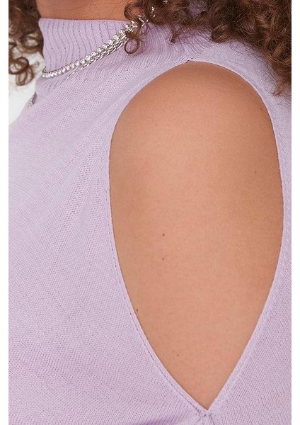 Kadın Büyük Beden Moda Şık Regular Dik Yaka Uzun Kol Düz Cut Out Detaylı Triko Kazak