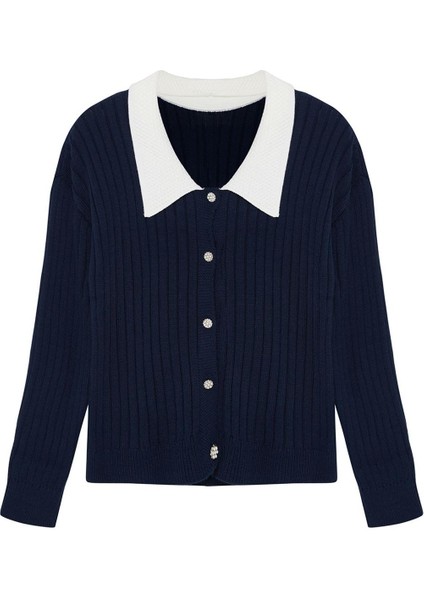 Kadın Büyük Beden Moda Şık Regular Gömlek Yaka Uzun Kol Düz Triko Hırka