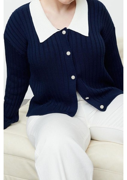 Kadın Büyük Beden Moda Şık Regular Gömlek Yaka Uzun Kol Düz Triko Hırka modelleri