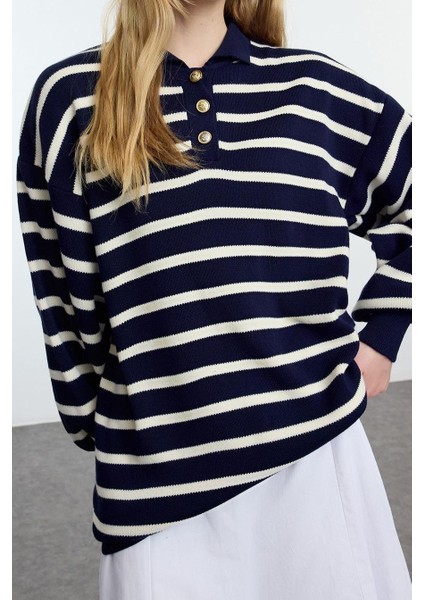 Kadın Tesettür Moda Şık Regular Polo Yaka Uzun Kol Çizgili Balon Kollu Polo Yaka Triko Kazak fiyatları