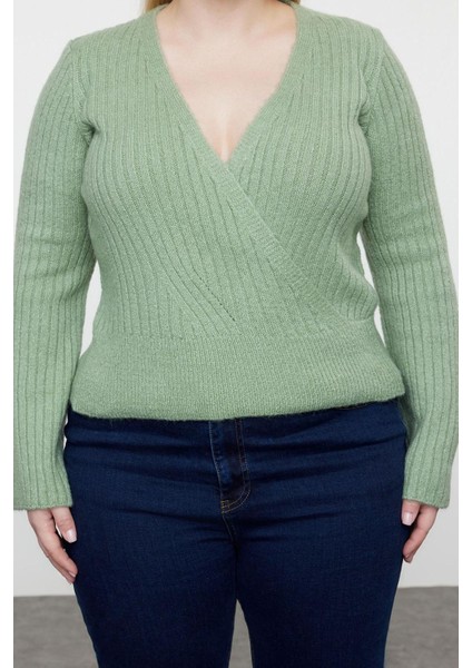 Kadın Büyük Beden Moda Şık Crop V Yaka Uzun Kol Düz Kruvaze Yaka Fitilli Crop Triko Kazak