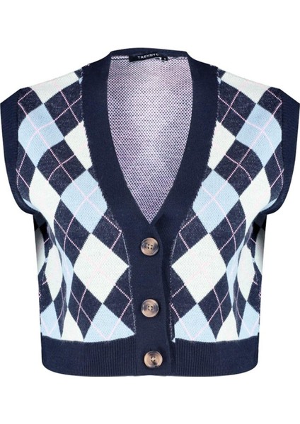 Kadın Moda Şık Crop V Yaka Kolsuz Baklava Crop Triko Yelek