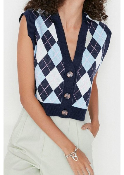 Kadın Moda Şık Crop V Yaka Kolsuz Baklava Crop Triko Yelek
