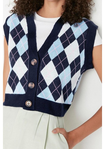Kadın Moda Şık Crop V Yaka Kolsuz Baklava Crop Triko Yelek