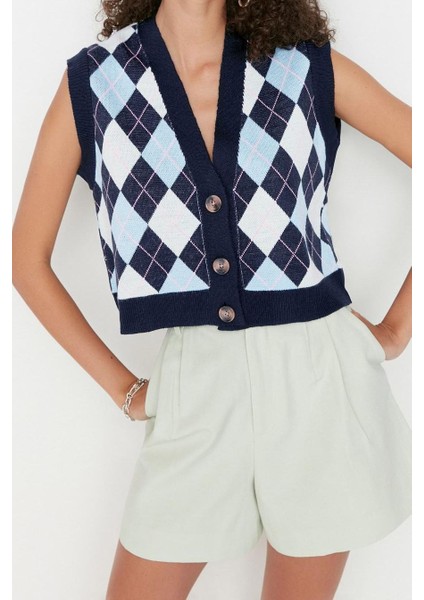 Kadın Moda Şık Crop V Yaka Kolsuz Baklava Crop Triko Yelek