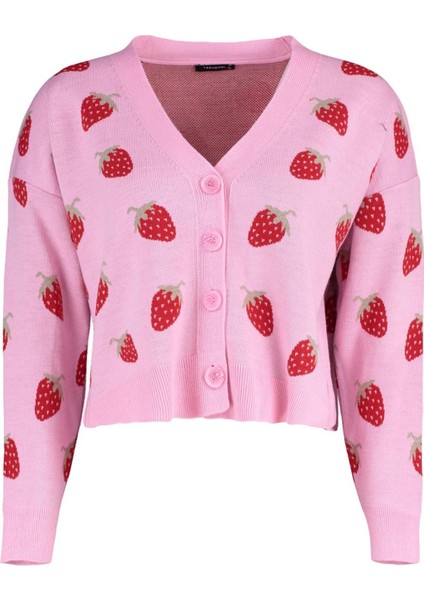 Kadın Büyük Beden Moda Şık Regular V Yaka Uzun Kol Geometrik Çilek Desenli Crop Triko Hırka