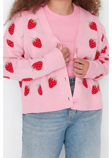 Kadın Büyük Beden Moda Şık Regular V Yaka Uzun Kol Geometrik Çilek Desenli Crop Triko Hırka modelleri
