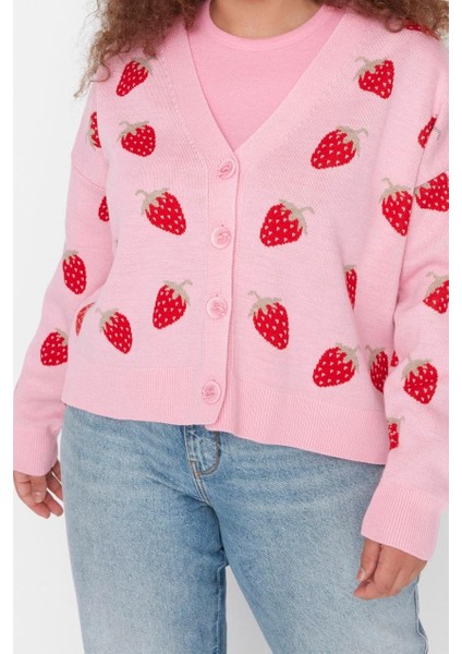 Kadın Büyük Beden Moda Şık Regular V Yaka Uzun Kol Geometrik Çilek Desenli Crop Triko Hırka fırsatları