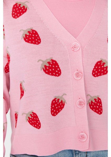 Kadın Büyük Beden Moda Şık Regular V Yaka Uzun Kol Geometrik Çilek Desenli Crop Triko Hırka indirimleri