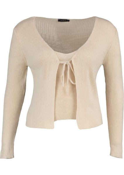 Kadın Büyük Beden Moda Şık Crop V Yaka Uzun Kol Düz Bağlama Detaylı Ince Triko Hırka&atlet Takım