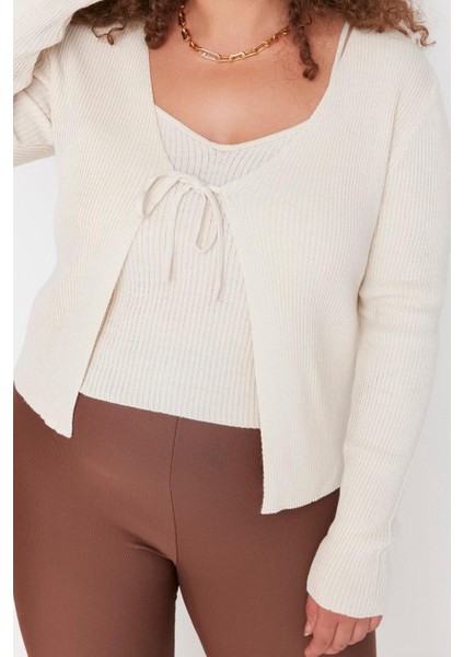 Kadın Büyük Beden Moda Şık Crop V Yaka Uzun Kol Düz Bağlama Detaylı Ince Triko Hırka&atlet Takım