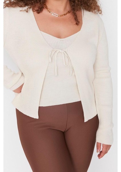 Kadın Büyük Beden Moda Şık Crop V Yaka Uzun Kol Düz Bağlama Detaylı Ince Triko Hırka&atlet Takım