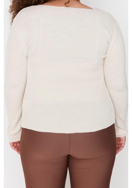 Kadın Büyük Beden Moda Şık Crop V Yaka Uzun Kol Düz Bağlama Detaylı Ince Triko Hırka&atlet Takım