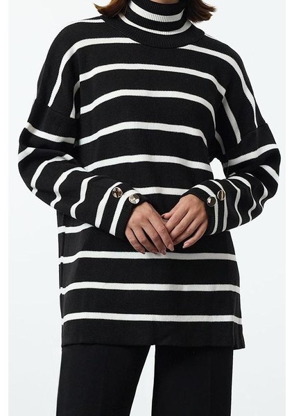 Kadın Tesettür Moda Şık Regular Yarım Balıkçı Yaka Uzun Kol Çizgili Balıkçı Yaka Basic Triko Kazak
