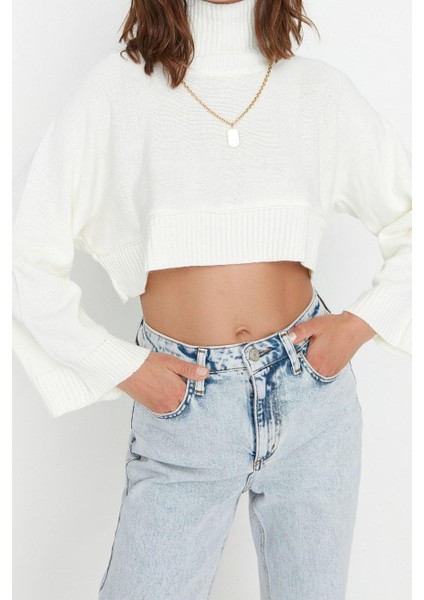 Kadın Moda Şık Crop Dik Yaka Uzun Kol Düz Süper Crop Basic Triko Kazak