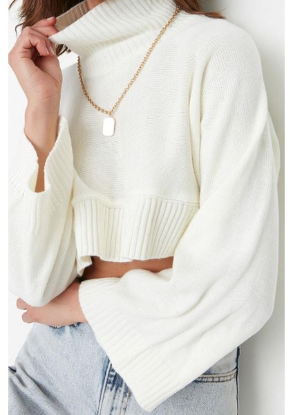 Kadın Moda Şık Crop Dik Yaka Uzun Kol Düz Süper Crop Basic Triko Kazak