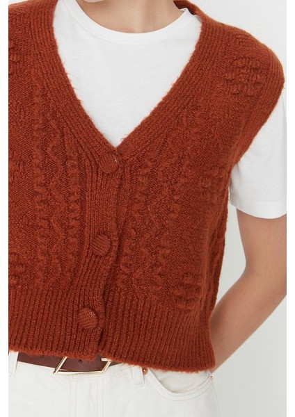 Kadın Moda Şık Crop V Yaka Kolsuz Saç Örgü Yumuşak Dokulu Triko Yelek