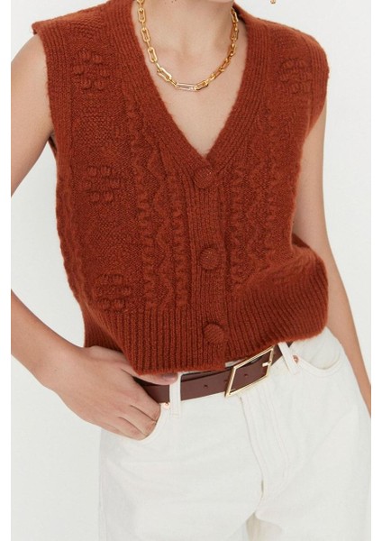Kadın Moda Şık Crop V Yaka Kolsuz Saç Örgü Yumuşak Dokulu Triko Yelek