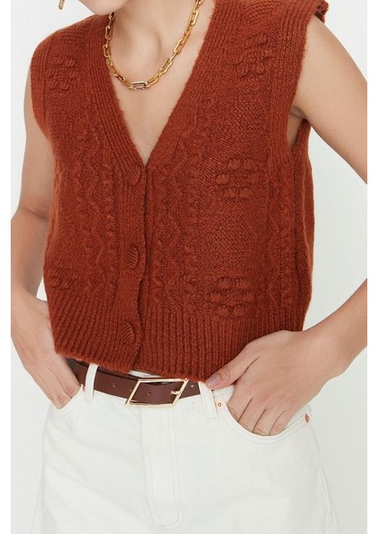 Kadın Moda Şık Crop V Yaka Kolsuz Saç Örgü Yumuşak Dokulu Triko Yelek