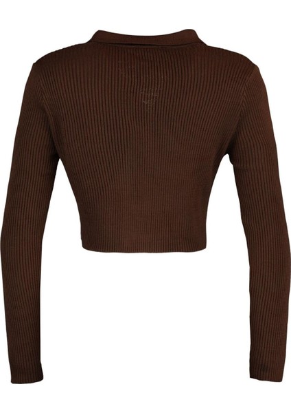 Kadın Moda Şık Crop Polo Yaka Uzun Kol Düz Crop Fermuarlı Triko Hırka