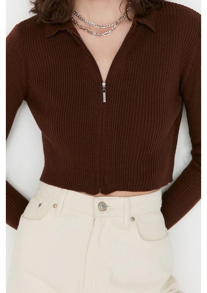 Kadın Moda Şık Crop Polo Yaka Uzun Kol Düz Crop Fermuarlı Triko Hırka fiyatları