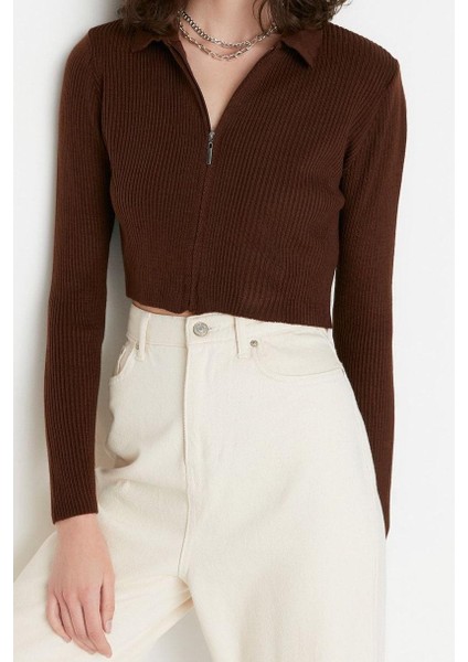 Kadın Moda Şık Crop Polo Yaka Uzun Kol Düz Crop Fermuarlı Triko Hırka fırsatları