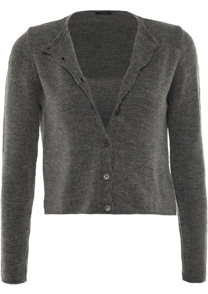Kadın Moda Şık Crop Bisiklet Yaka Uzun Kol Düz Crop Yumuşak Dokulu Bluz-Hırka Triko Takım