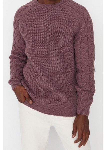 Erkek Moda Şık Regular Bisiklet Yaka Uzun Kol Saç Örgü Gül Unisex Regular Fit Detaylı Triko Kazak