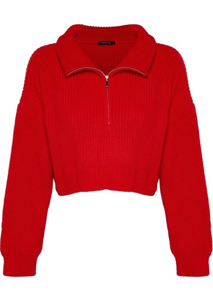 Kadın Moda Şık Crop Dik Yaka Uzun Kol Düz Süper Crop Fermuarlı Triko Kazak