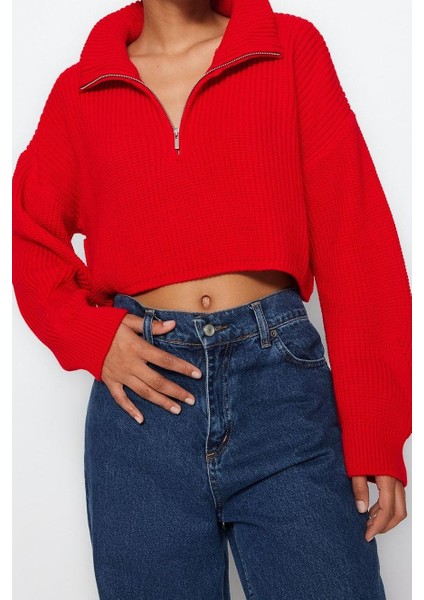 Kadın Moda Şık Crop Dik Yaka Uzun Kol Düz Süper Crop Fermuarlı Triko Kazak