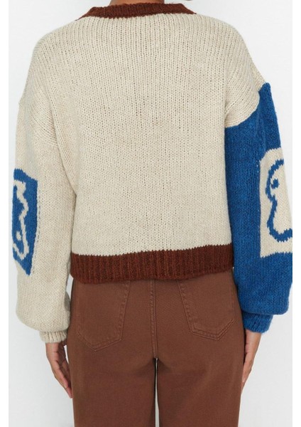 Kadın Moda Şık Crop Bisiklet Yaka Uzun Kol Renk Bloklu Yumuşak Dokulu Triko Kazak
