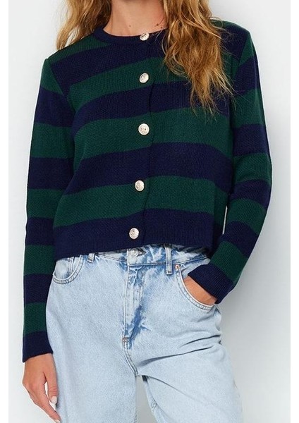 Kadın Moda Şık Regular Bisiklet Yaka Uzun Kol Çizgili Basic Ceket Görünümlü Triko Hırka modelleri