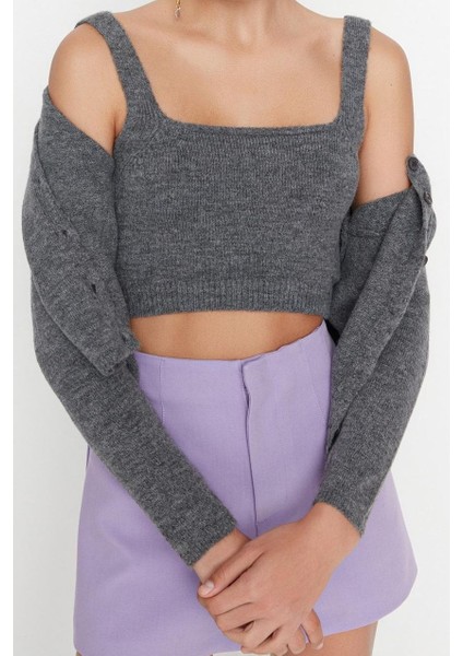 Kadın Moda Şık Crop Bisiklet Yaka Uzun Kol Düz Crop Yumuşak Dokulu Bluz-Hırka Triko Takım fiyatları