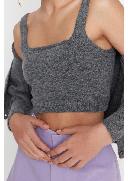 Kadın Moda Şık Crop Bisiklet Yaka Uzun Kol Düz Crop Yumuşak Dokulu Bluz-Hırka Triko Takım modelleri