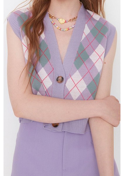 Kadın Moda Şık Crop V Yaka Kolsuz Baklava Crop Triko Yelek