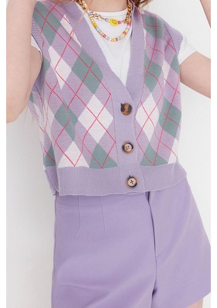 Kadın Moda Şık Crop V Yaka Kolsuz Baklava Crop Triko Yelek