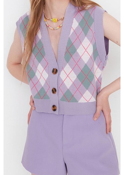 Kadın Moda Şık Crop V Yaka Kolsuz Baklava Crop Triko Yelek