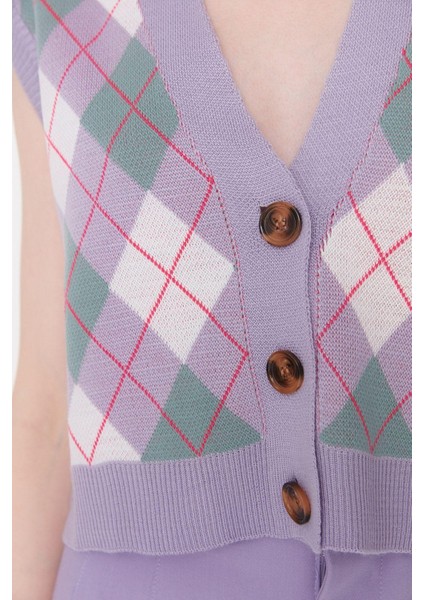 Kadın Moda Şık Crop V Yaka Kolsuz Baklava Crop Triko Yelek