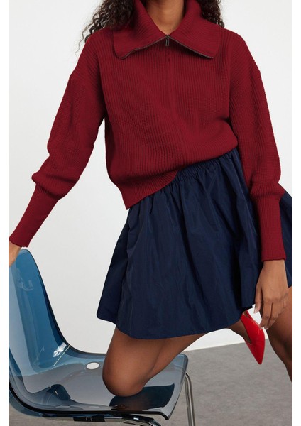 Kadın Moda Şık Regular Devrik Yaka Uzun Kol Düz Geniş Kalıp Devrik Yaka Fermuarlı Triko Hırka modelleri