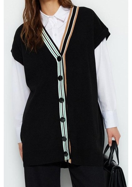 Kadın Tesettür Moda Şık Midi V Yaka Uzun Kol Renk Bloklu Yakası Şerit Detaylı Triko Süveter modelleri