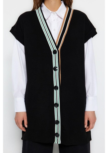 Kadın Tesettür Moda Şık Midi V Yaka Uzun Kol Renk Bloklu Yakası Şerit Detaylı Triko Süveter fırsatları