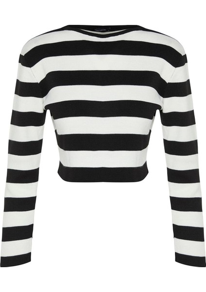 Kadın Moda Şık Crop Bisiklet Yaka Uzun Kol Çizgili Crop Basic Triko Kazak