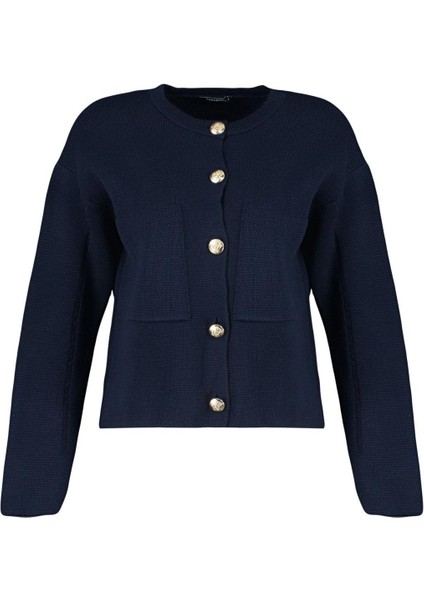 Kadın Moda Şık Regular Bisiklet Yaka Uzun Kol Düz Düğme Detaylı Ceket Görünümlü Triko Hırka